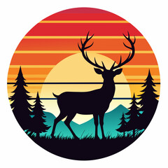 T-shirt design with sunset, in silhouette deer, vintage, white background