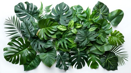 Lush Green Tropical Leaves on a White Background. Perfect for Nature Themes. Ideal for Design and Decor. Fresh Foliage Layout. AI - obrazy, fototapety, plakaty