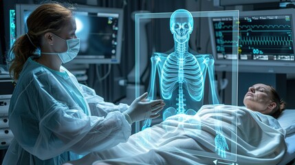 A medical professional using augmented reality technology to perform a surgical procedure, with digital overlays providing real-time data and guidance to enhance precision and efficiency