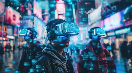 An individual wearing augmented reality glasses, interacting with virtual interfaces and holographic projections in a high-tech urban plaza, highlighting the integration of AI into daily life - obrazy, fototapety, plakaty