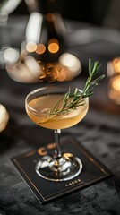 Culinary Photography, Elegant Cocktail with Rosemary Garnish and Warm Bokeh Background,