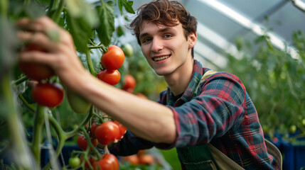 Agricultor recolectando tomates en una invernadero