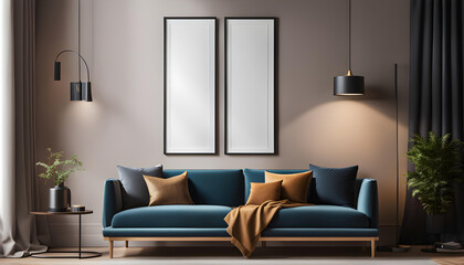 Room mockup with frame mockup on wall, ISO A paper size on living room wall. Interior mockup with sofa corner and blanket, Modern interior design. 3D rendering,