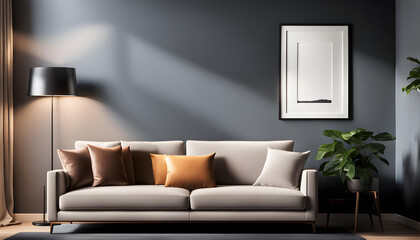 Room mockup with frame mockup on wall, ISO A paper size on living room wall. Interior mockup with sofa corner and blanket, Modern interior design. 3D rendering,