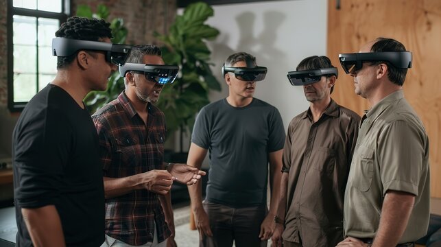A group of co-workers gathered in a office room, each wearing augmented reality glasses and interacting with virtual objects