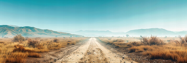 Remote Desert Road Extending to the Horizon, Dry Mountainous Landscape Under Blue Skies, Adventure Journey