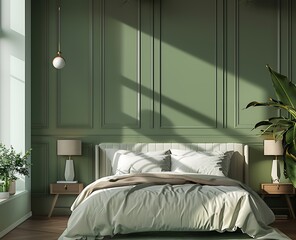 Modern bedroom interior with a green wall and bed mock up