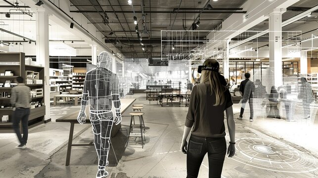 The potential of augmented reality in retail, showing shoppers using AR devices to visualize how furniture and decor items would look in their home before making a purchase