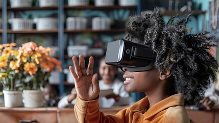 A classroom setting where students are engaged in an immersive augmented reality lesson, with digital overlays enhancing their learning experience and bringing educational concepts to life