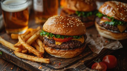 Juicy burgers with sesame buns served with beer and homemade fries