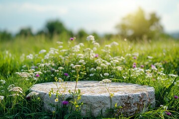 White stone podium on green meadow with grass and flowers ready for product placement, freshness and natural product concepts