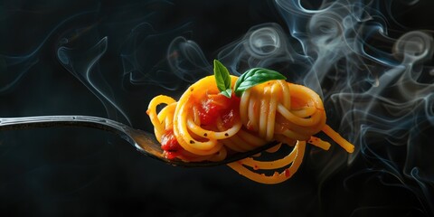 Food Photography, Steaming Spaghetti on Fork with Surreal Smoke Swirls,