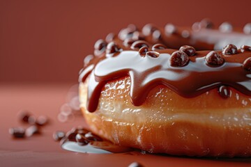 Decadent chocolate glazed donut with sprinkles on a dark backdrop