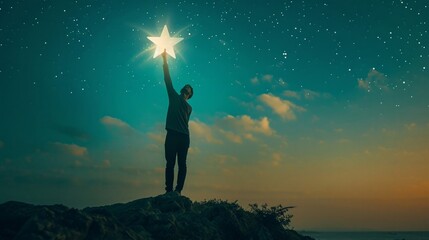 A professional reaching for a glowing star above, representing personal milestones and the pursuit of excellence