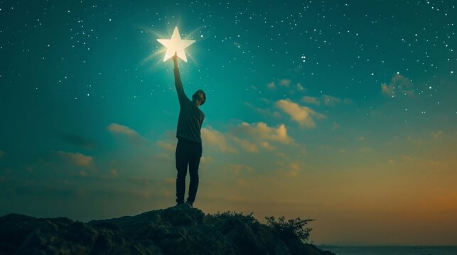 A professional reaching for a glowing star above, representing personal milestones and the pursuit of excellence