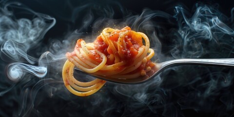 Food Photography, Steaming Spaghetti on Fork with Surreal Smoke Swirls,
