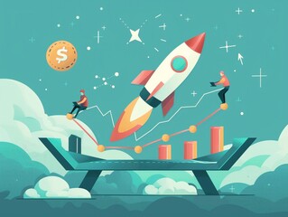 Animated financial charts showing the ascent of a stock resembling a rocket, while investors balance portfolios on a seesaw