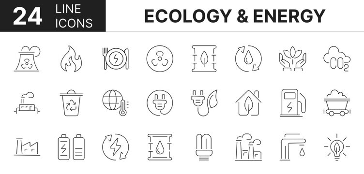 Collection of 24 ecology & energy line icons featuring editable strokes. These outline icons depict various modes of ecology & energy, energy, green, icon, thin, line, set, eco, ecology,