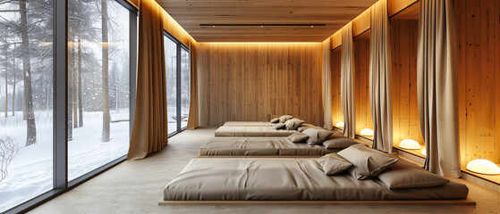 Fototapeta premium Rustic Bedroom in a Cozy Log Cabin, Warm Wooden Interior with Elegant Design, Winter Comfort