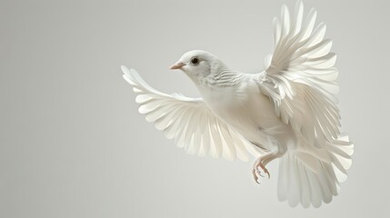 White dove flying in the air on a gray background - obrazy, fototapety, plakaty