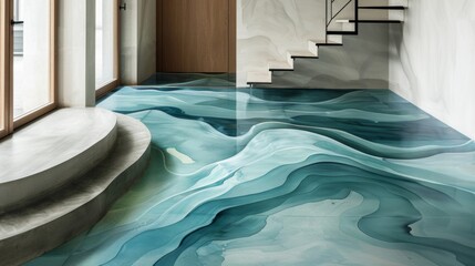 Large irregular shapes in shades of blue and green are handpainted on the floor mimicking the fluidity of water. The organic forms and soothing colors bring a calming and serene atmosphere .