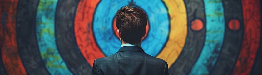 Business professional examining a target with missed arrows surrounding it, contemplating lessons from failed attempts - obrazy, fototapety, plakaty