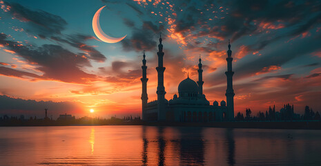 silhouette of Islamic mosque during sunset sky with crescent moon at night - obrazy, fototapety, plakaty