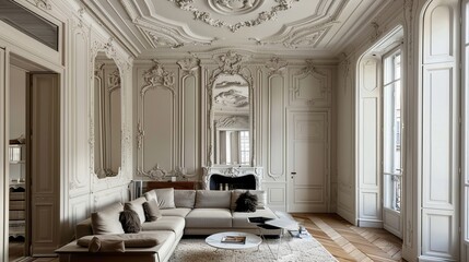 Elaborate decorative molding, including crown molding, ceiling rosettes, and intricate trim work, is a hallmark of Parisian-style apartments. These architectural details add a touch of refinement  - obrazy, fototapety, plakaty