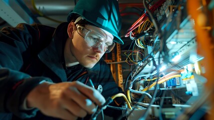 Dedicated electrician working on electrical wiring. Professional at work in safety gear. Industrial environment, expert craftsmanship. Capturing the essence of vocational excellence. AI