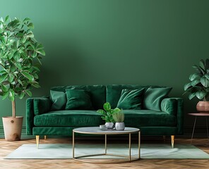 Modern interior design of a green living room with a sofa and coffee table