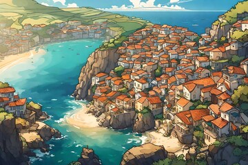A coastal town nestled against cliffs, a panoramic haven under the warmth of summer.