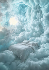 A bed in the soft vanila dream clouds. A good dream concept.
