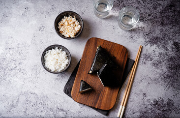 Yaki onigiri, Japanese triangular rice balls stuffed with tuna and spice sauce - 787467247