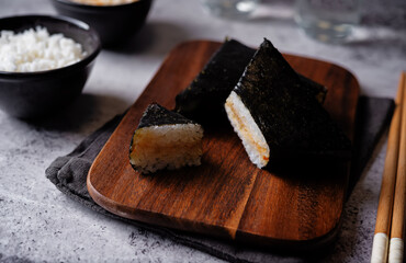 Yaki onigiri, Japanese triangular rice balls stuffed with tuna and spice sauce - 787467267