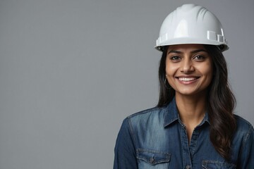 Indian female engineer guy with smile on face next to empty space on a grey background. Young handsome engineer wearing a construction helmet. - Powered by Adobe