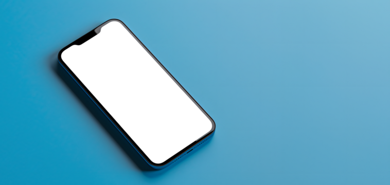Smartphone on a minimalist blue aesthetic surface with transparent screen - easy modification
