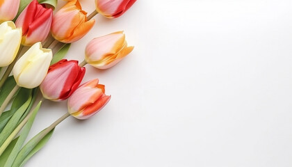 Colorful tulips in a field on a white Colorful tulips in a field on a white background Spring tulips various colors isolated on white background with Copy space. Holiday design top view