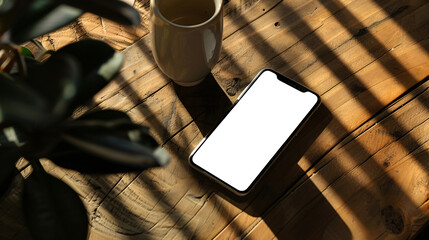 smartphone on the table in a restaurant or cafe with its transparent screen - easy modification