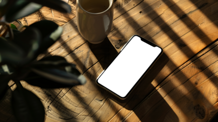 smartphone on the table in a restaurant or cafe with its transparent screen - easy modification