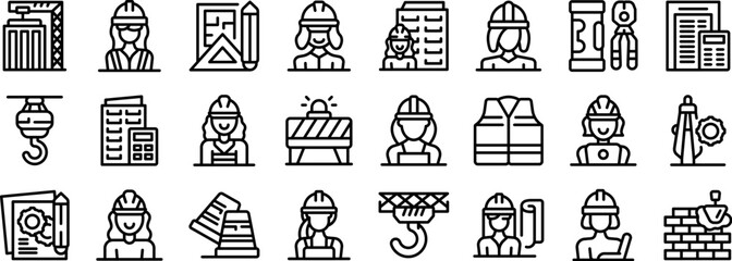 Construction worker woman icons set outline vector. Engineer builder. Industry job - obrazy, fototapety, plakaty