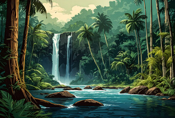An epic adventure through the untamed wilderness of the tropical jungle, with towering trees, winding rivers, and hidden treasures waiting to be discovered in vector art illustration images.
 - obrazy, fototapety, plakaty