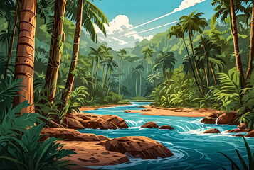 An epic adventure through the untamed wilderness of the tropical jungle, with towering trees, winding rivers, and hidden treasures waiting to be discovered in vector art illustration images.
