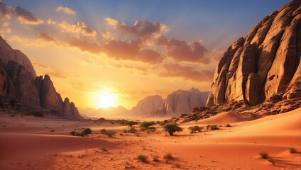 Fototapeta na wymiar Sunset in desert. Scenic sunset in Wadi Rum desert, Jordan