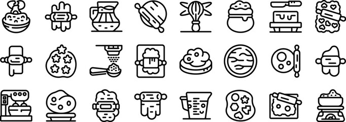 Rolling dough wooden pin icons set outline vector. Hand baking. Pizza pastry