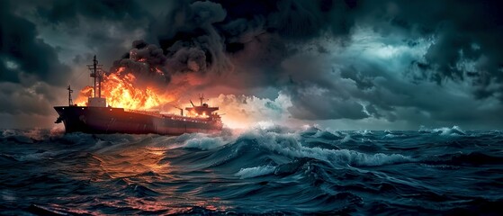 Dramatic seascape with burning ship in tumultuous ocean, a cinematic display of disaster and beauty. Vivid storytelling through imagery. AI
