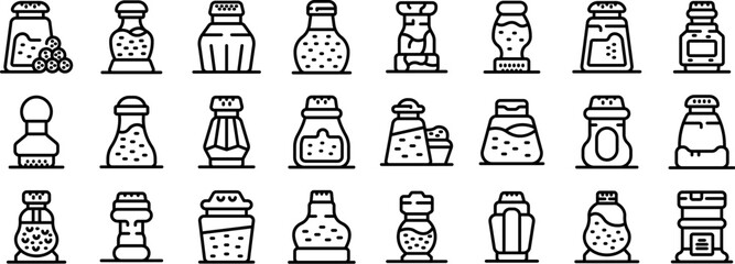 Pepper shaker icons set outline vector. Glass handle pot. Metal flask