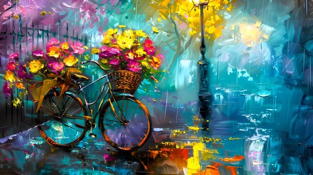 Vibrant Abstract Art of Bicycle with Floral Basket Beside Street Lamp. Colorful Impressionist Style Painting for Decor. AI