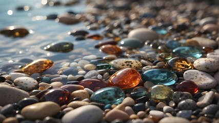  A photorealistic close-up shot of smooth multi-colored pebbles visible beneath clear water, showcasing the intricate details and textures of the pebbles and water surface.