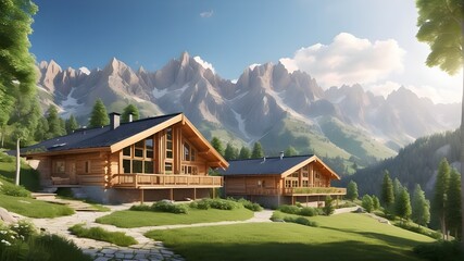 Fototapeta na wymiar A photorealistic depiction of eco wooden houses/cabins nestled in the mountain Alps during summer, showcasing a serene landscape ideal for relaxation and vacation.