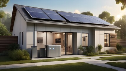 A photorealistic depiction of a solar backup battery bank installed on the exterior wall of a sustainable home, showcasing Lithium batteries designed to provide sustainable electricity and power to th
